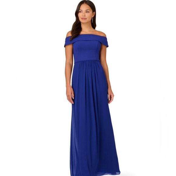Arianna Papell Blue off shoulder Crepe Chiffon Gown Size 6 - Picture 4 of 6
